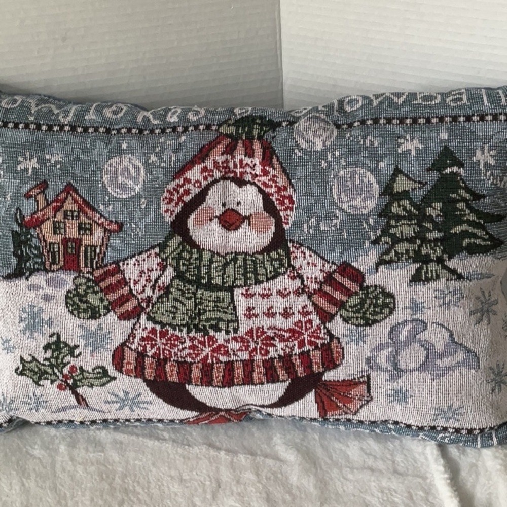 Red and Green Holiday Pillow with Snowman Design